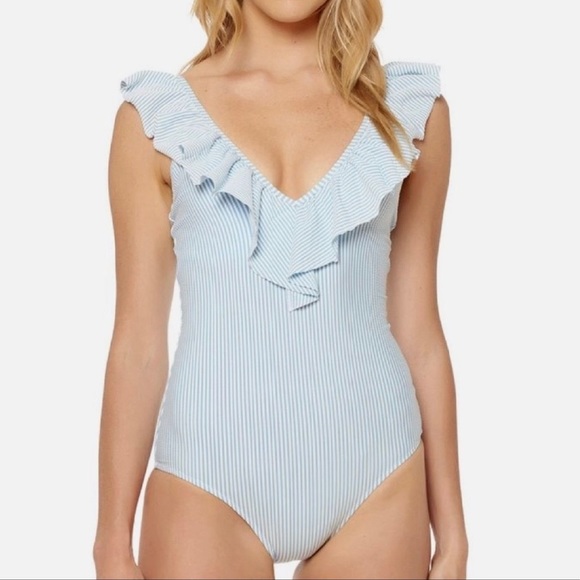 Jessica Simpson Blue Ruffle One Piece Swimsuit LARGE - Picture 6 of 7